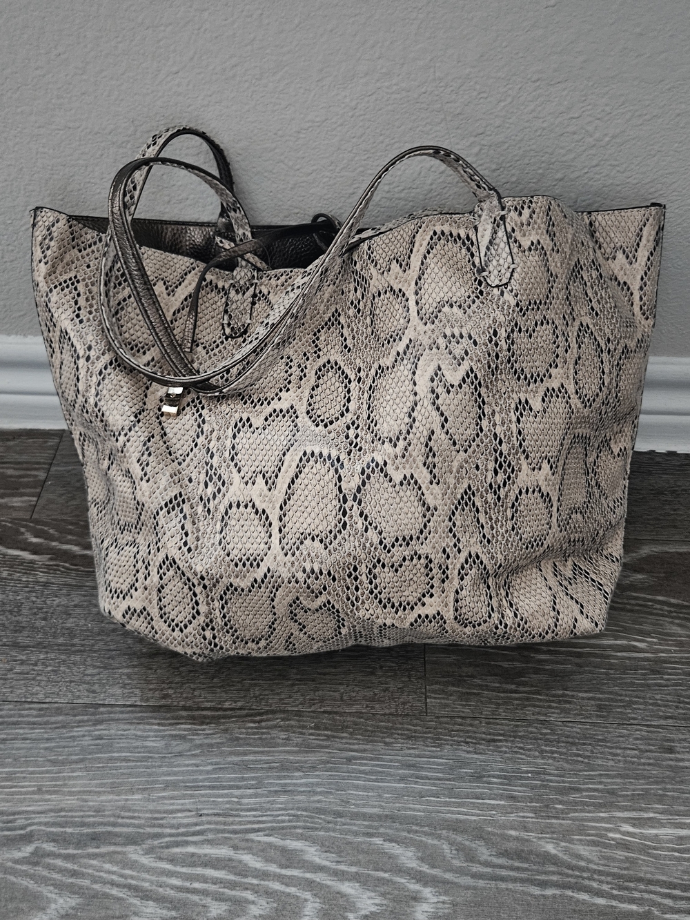 Structured Snake-Print Tote in Neutral Beige